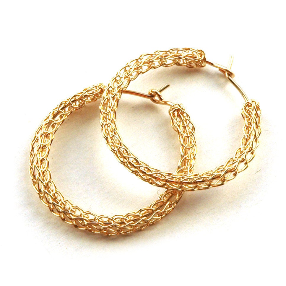 Hoop earrings, gold filled hoops, wire crochet, medium size, casual