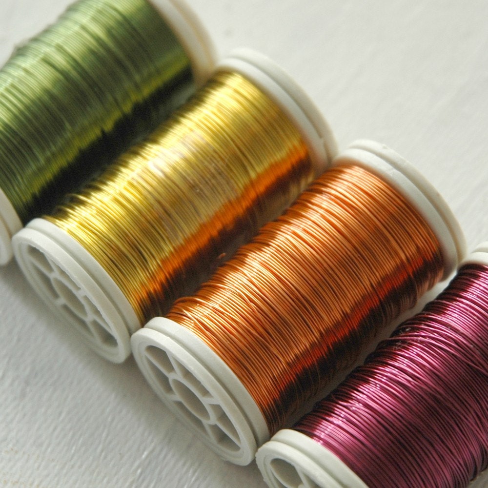 Colored wire in funky colors - 28 Gauge - 4 spools - pink, yellow, olive green, orange , great for wire crochet , jewelry supply