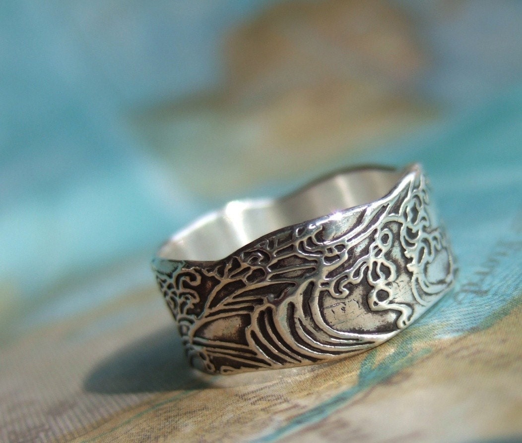 Tattoo Jewelry, Waves Ring, in Eco Friendly Recycled Fine Silver, Nautical Jewelry, 4 5 6 7 8 9 10 11 12 13 14 15 Custom Size Silver Ring