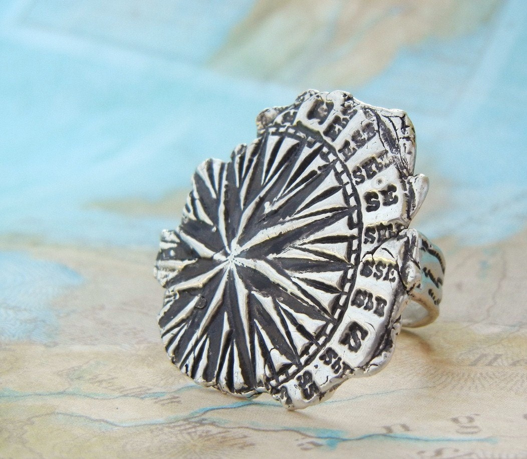 Compass Ring, Fine Silver Nautical Jewelry, Explorer Ring, World Traveler Gift, Organic Jewelry, Sizes 4 5 6 7 8 9 10 11 12 13 14