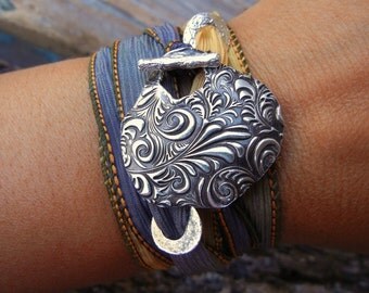 Artisan Jewelry, Pure Silver n Fine Silver Bracelet, Hand Made Jewelry, Artisan Bar Toggle Silk Wrap Bracelet, Floral Engraving Design