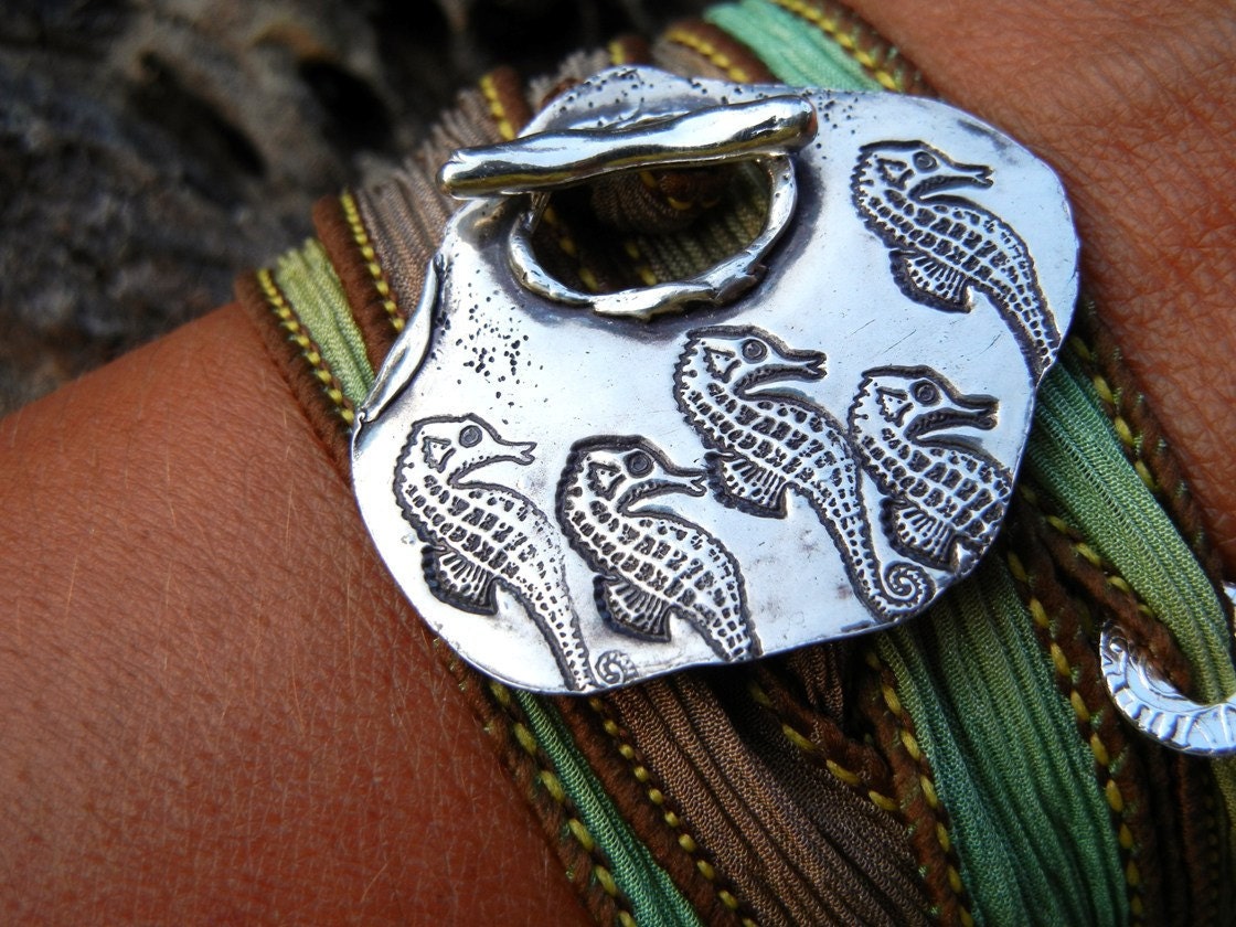 Silk Wrap Bracelet, Fine Silver Yoga Wrap Bracelet, Artisan Toggle Clasp, Seahorses, Hand Dyed Silk Ribbon Bracelet, Seaweed Color