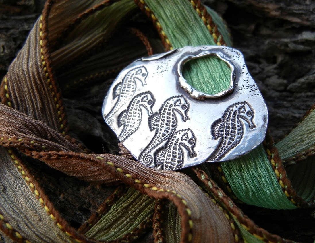 Silk Wrap Bracelet, Fine Silver Yoga Wrap Bracelet, Artisan Toggle Clasp, Seahorses, Hand Dyed Silk Ribbon Bracelet, Seaweed Color