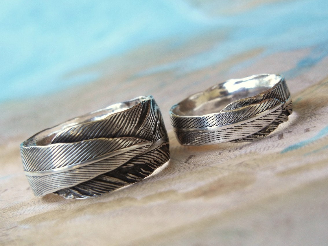 Feather Wedding Rings, Eco Friendly Jewelry, Recycled Silver His and Hers Matching Bands, Custom Size 4 5 6 7 8 9 10 11 12 13 14 15