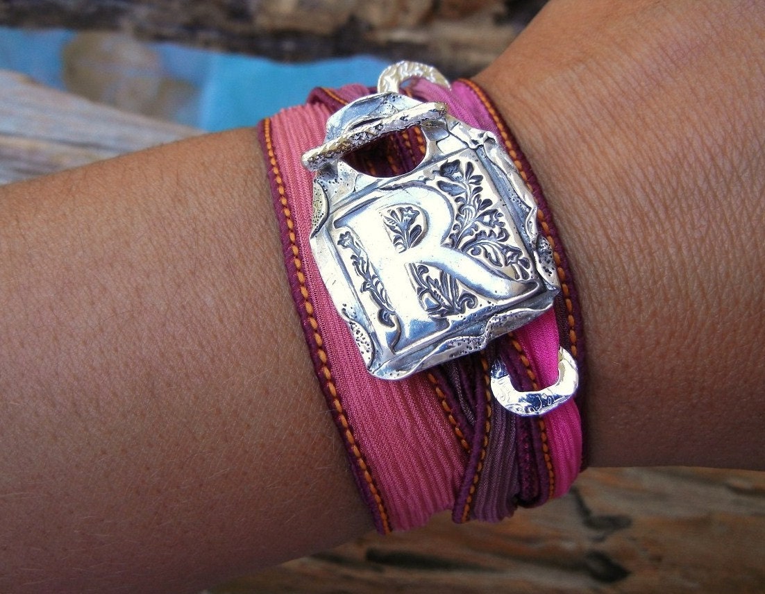 Bohemian Jewelry, Boho Bracelet, Hand Stamped Monogram Jewelry, Boho Chic Fashion Silk Wrap Bracelet, Tie Dyed Pink, Any Color