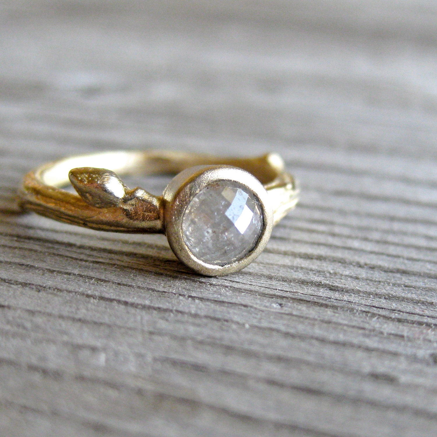 White Rose Cut Diamond Twig Ring in Yellow Gold