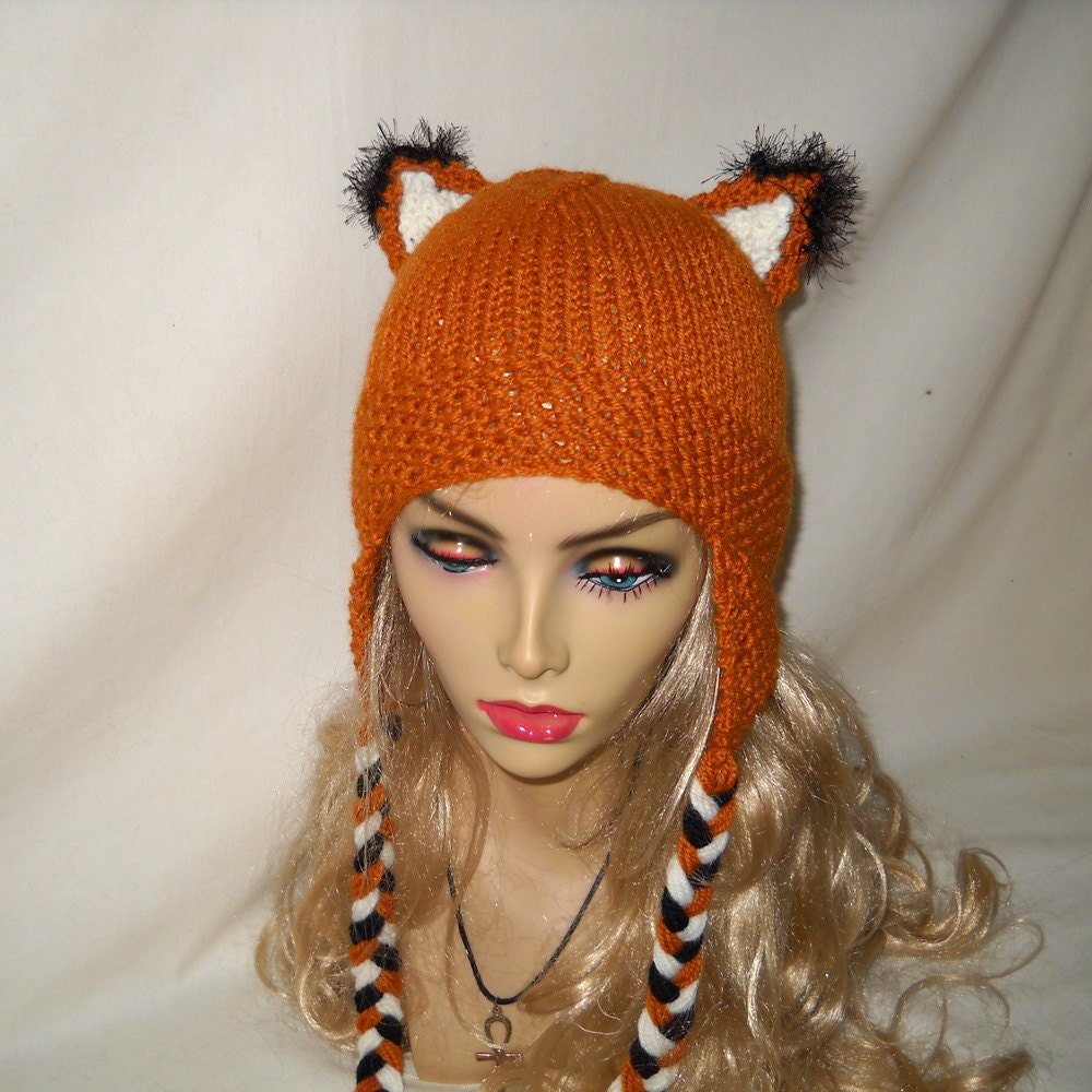 Foxy Fox Hat Knit Beanie with Fox Ears and Earflaps and Colorful Braids - Adult