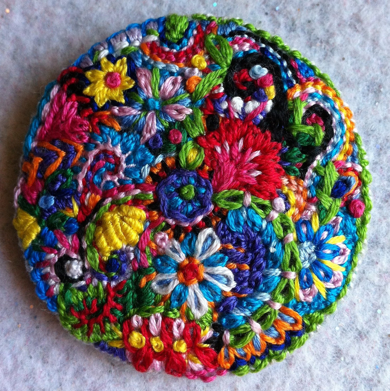 Freeform embroidery bright floral brooch