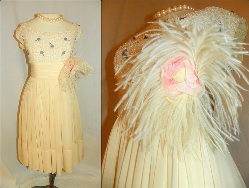 1950's Ivory SILK CHIFFON Sequin Beaded Cocktail Dress Vintage 50's Couture FEATHER Rose Bombshell Mad Men Designer Party Wedding Dress