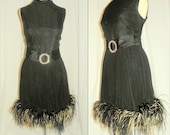 1950's Black Silk Chiffon FEATHERS Pleated Cocktail Dress Vintage 50's 60's Mad Men Satin Bullock's Wilshire Couture Rhinestone Party Dress