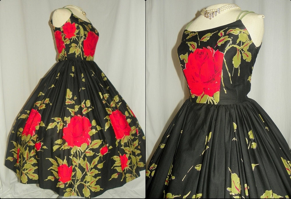 1950's Black Cotton RED ROSE Novelty Print Party Dress Vintage 50's Roses Mad Men Garden Floral Couture Designer Cocktail Bombshell Dress