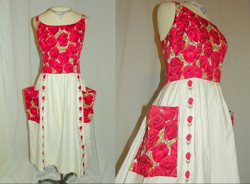 1950's Bold RED ROSE Print Cotton Dress Vintage 50's Mad Men Couture Carol Craig New York  Roses Novelty Garden Print Cocktail Party Dress