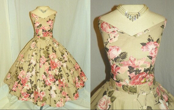 RESERVED--1950's PINK ROSE Print Cotton Cocktail Dress Set Vintage 50's Wedding Floral Novelty Print Skirt Top Party Dress and Petti