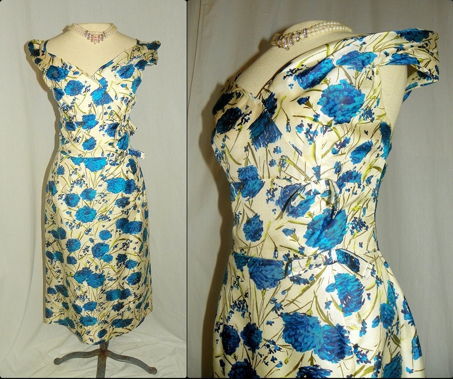 1950's SILK Blue PEONY Print Wiggle Dress Vintage 50's Garden Rose Couture Structured Bombshell Designer Party Cocktail Dress Size Large