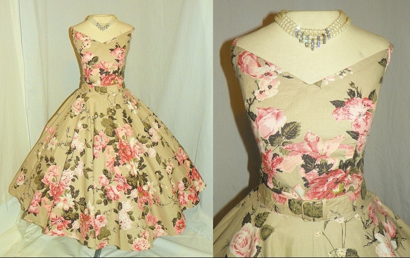 RESERVED--1950's PINK ROSE Print Cotton Cocktail Dress Set Vintage 50's Wedding Floral Novelty Print Skirt Top Party Dress and Petti