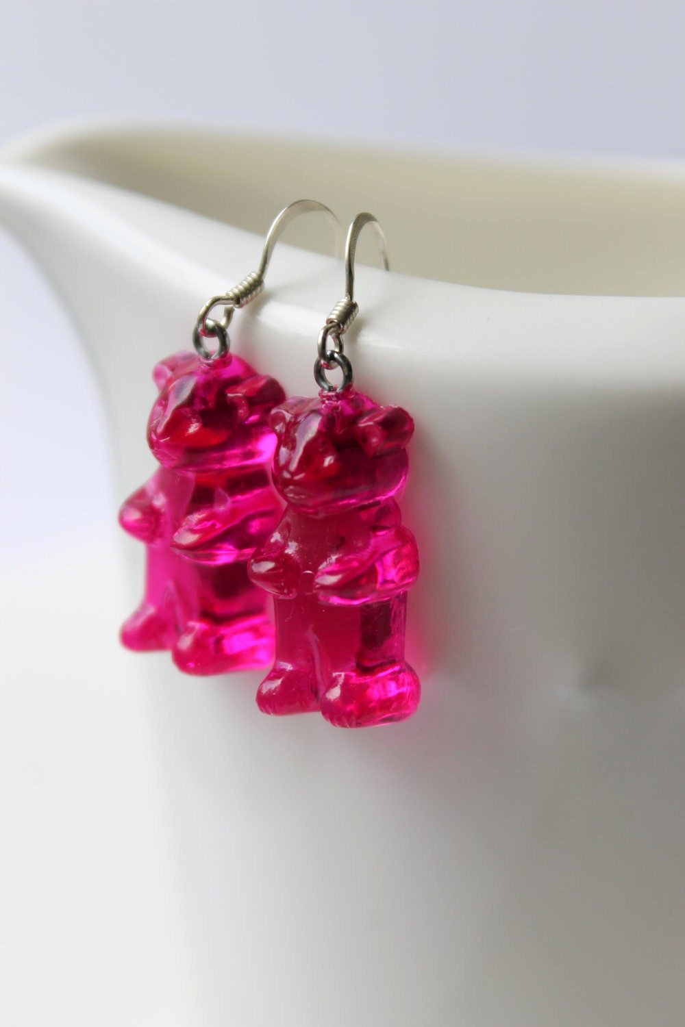 Gummi Bear Earrings, Pink Bear, Pink Candy Bear, Silver Plated, Fuchsia, Sweet