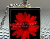 Pendant RED DAISY - Necklace Charm handmade with Scrabble Wood Tile ... Jewelry Art by Pieces Of Me Pendants
