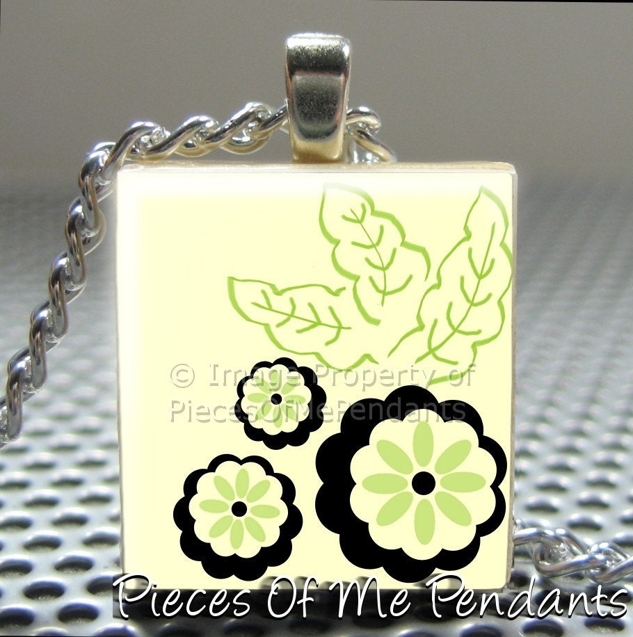 Pendant JAPANESE FLOWERS - Necklace Charm handmade with Scrabble Wood Tile ... Jewelry Art by Pieces Of Me Pendants