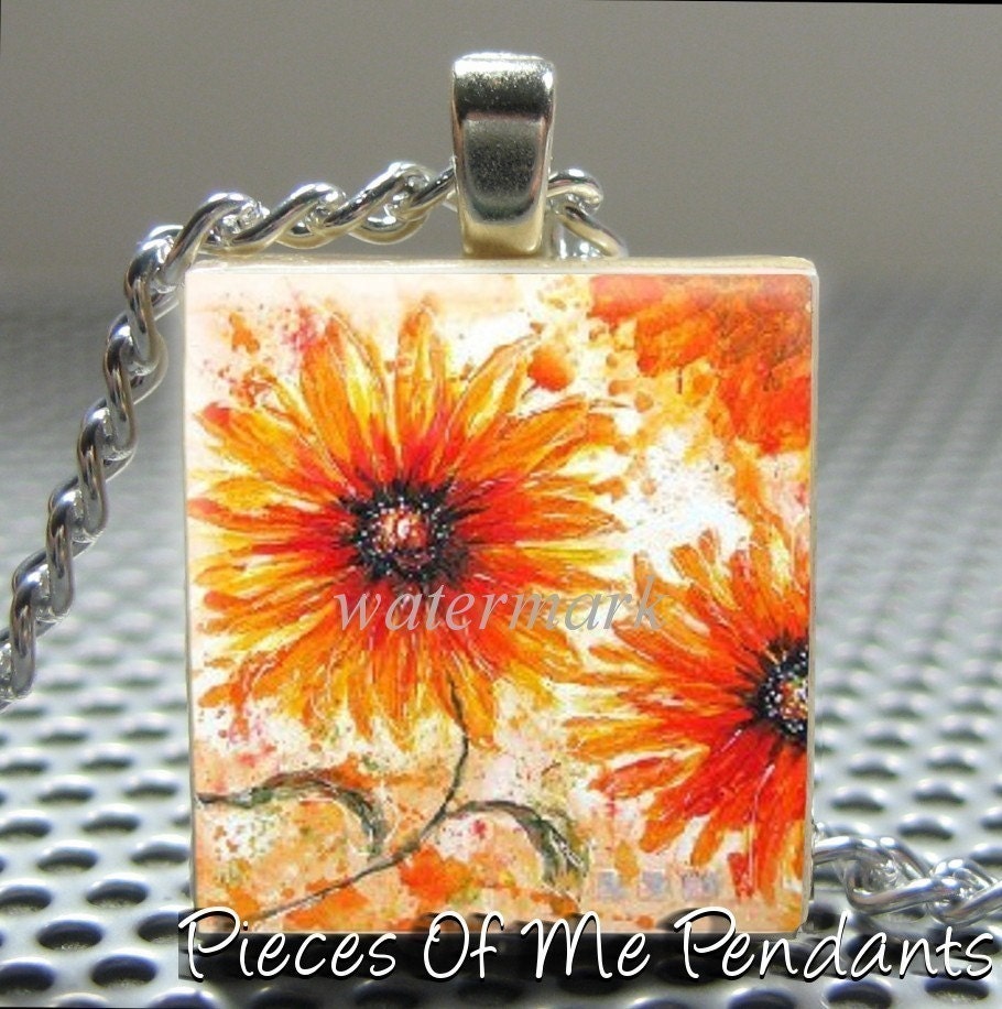 Pendant ORANGE FLOWERS - Necklace Charm handmade with Scrabble Wood Tile ... Jewelry Art by Pieces Of Me Pendants