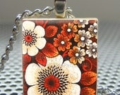 Pendant VINTAGE FLOWERS - Necklace Charm handmade with Scrabble Wood Tile ... Jewelry Art by Pieces Of Me Pendants