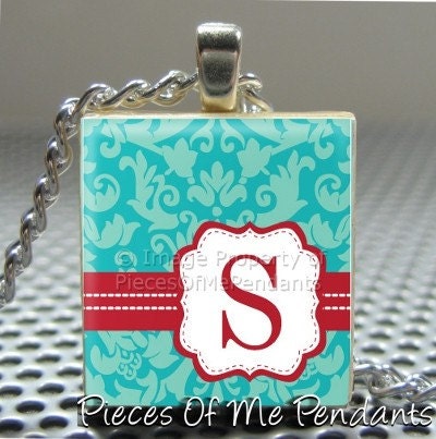 Pendant BLUE DAMASK White Seal Initial  - Necklace Charm handmade with Scrabble Wood Tile ... Jewelry Art by Pieces Of Me Pendants