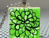 Pendant GREEN BLOOM - Necklace Charm handmade with Scrabble Wood Tile ... Jewelry Art by Pieces Of Me Pendants
