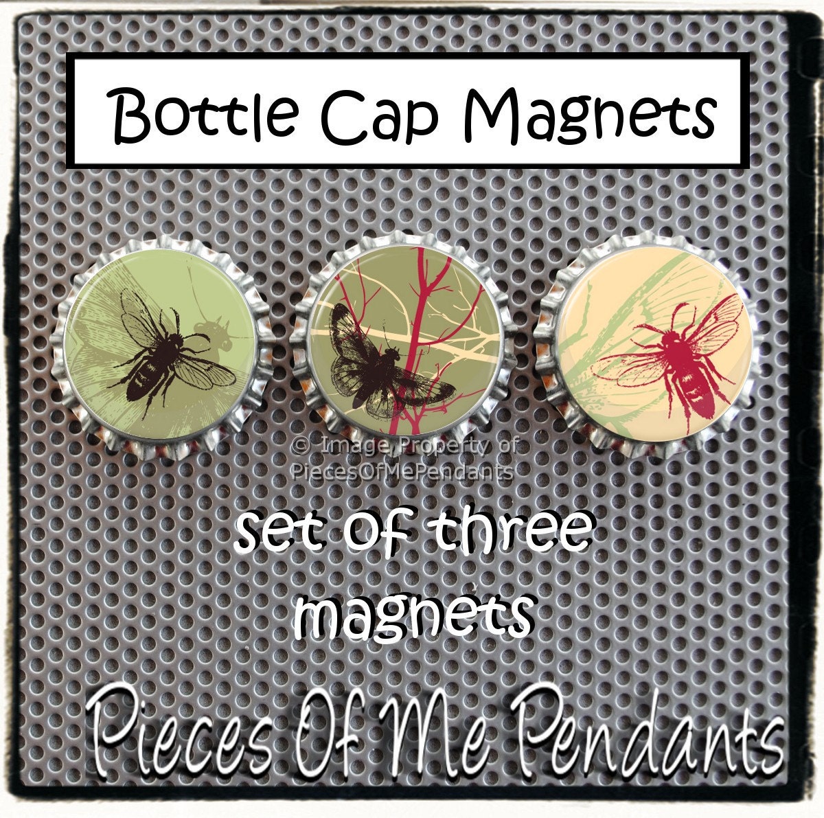 Bottle Cap Magnets FLY and BUTTERFLY - Magnet Set of 3, 1 inch Round BottleCaps ... handmade Gifts by Pieces Of Me Pendants