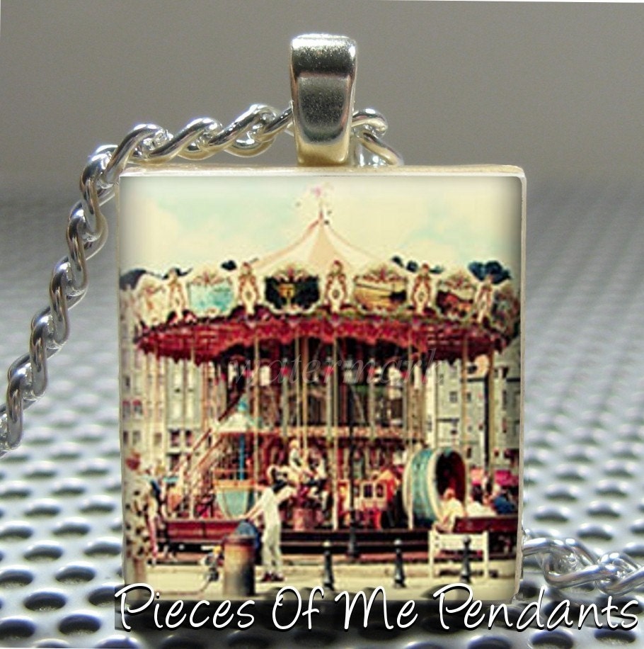 Pendant VINTAGE CAROUSAL - Necklace Charm handmade with Scrabble Wood Tile ... Jewelry Art by Pieces Of Me Pendants