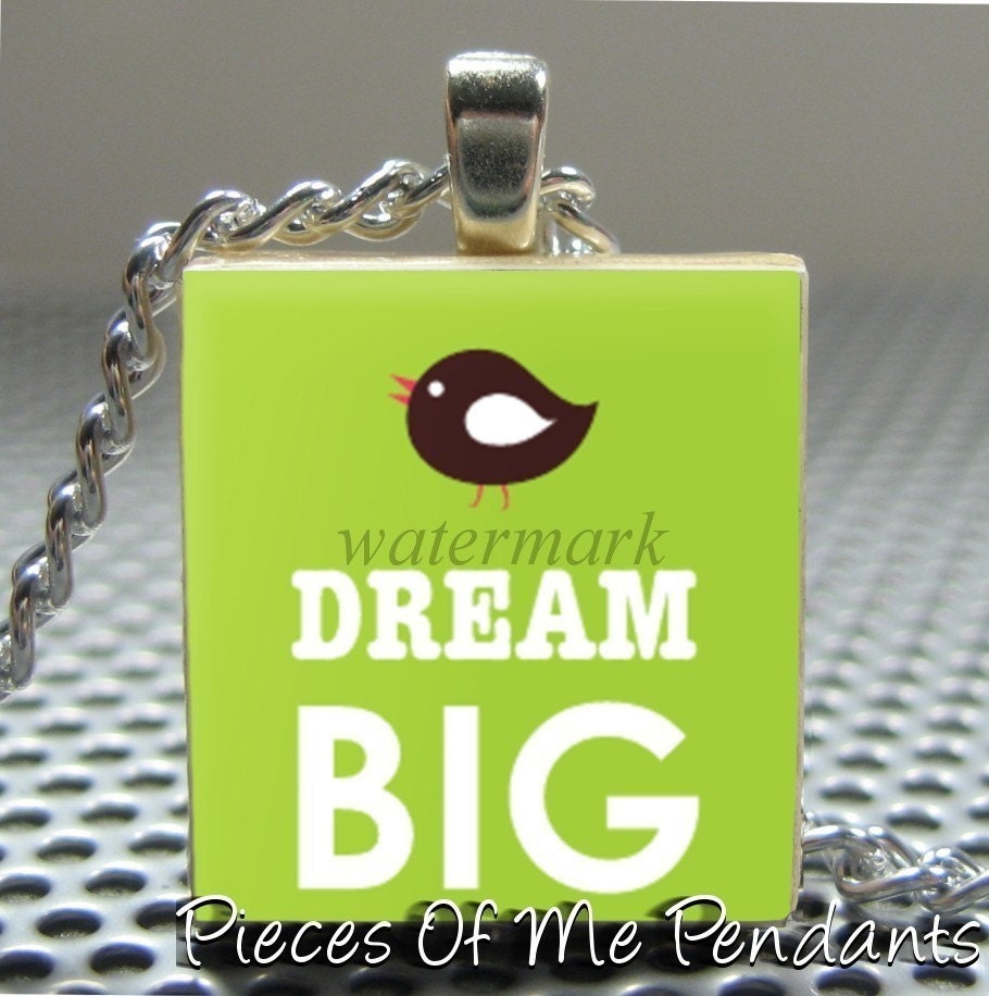 Pendant  DREAM BIG BIRD - Necklace Charm handmade with Scrabble Wood Tile ... Jewelry Art by Pieces Of Me Pendants