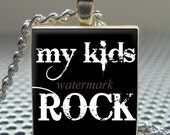 Pendant MY KIDS ROCK (black, blue or pink) - Necklace Charm handmade with Scrabble Wood Tile ... Jewelry Art by Pieces Of Me Pendants