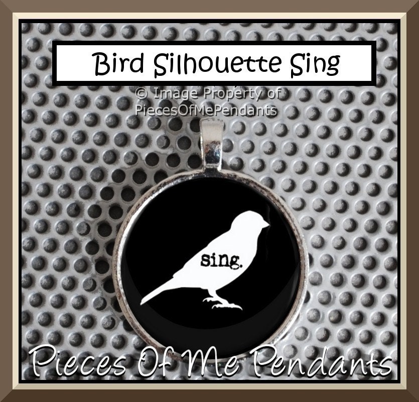 Pendant BIRD Silhouette SING - Round Metal 1 inch Necklace Charm ... handmade Jewelry Art by Pieces Of Me Pendants