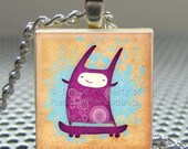 Pendant SKATEBORDER Bunny (Purple) - Necklace Charm handmade with Scrabble Wood Tile ... Jewelry Art by Pieces Of Me Pendants