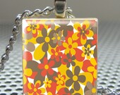 Pendant  RETRO FLOWERS - Necklace Charm handmade with Scrabble Wood Tile ... Jewelry Art by Pieces Of Me Pendants