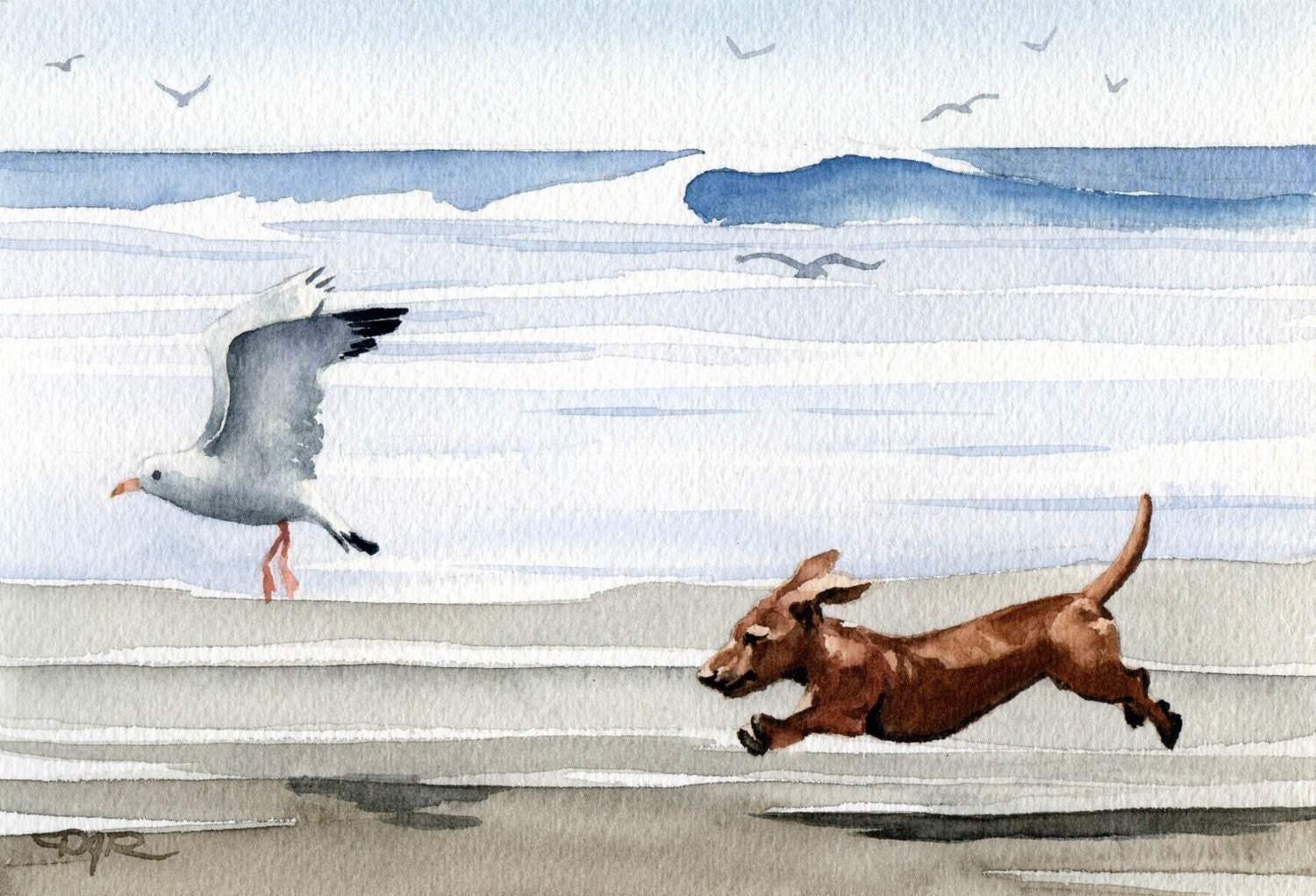 DACHSHUND AT THE BEACH Dog Art Print Signed by Artist DJ Rogers