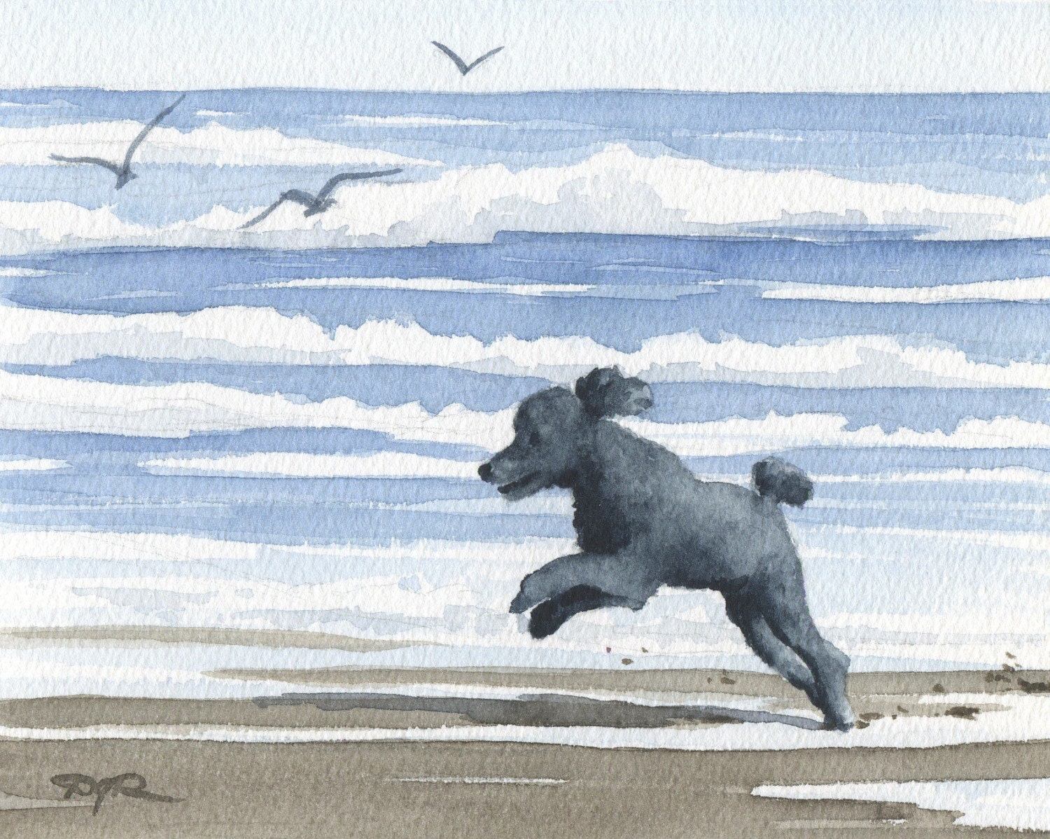 BLACK POODLE At The BEACH Dog Watercolor Art Print Signed by Artist D J Rogers