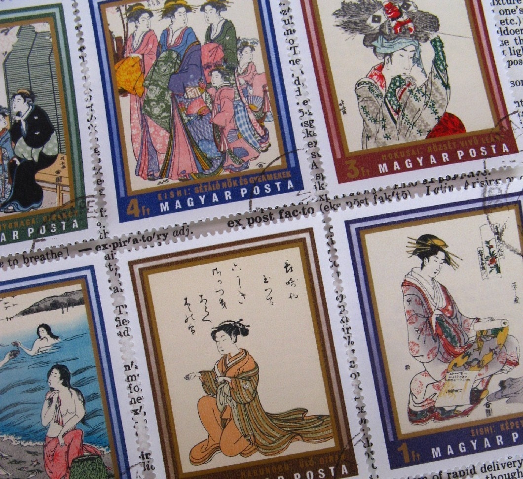 Japanese woodblock stamp set - Hungarian stamps - postage stamp ephemera