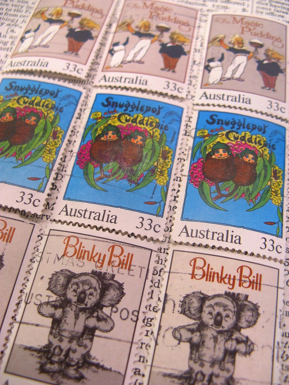 postage stamp ephemera - vintage book titles - 9 mixed - Blinky Bill Snugglepot Cuddlepie Magic Pudding