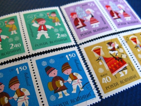 folk children - Romanian - postage stamp ephemera - 2 sets