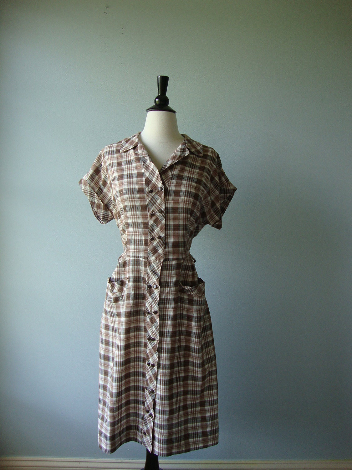 Vintage 1950s Plaid Brown Dress