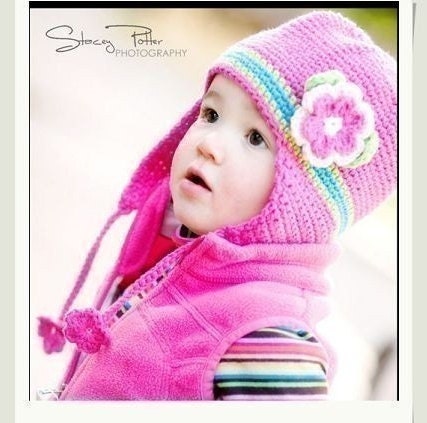PATTERN in PDF crocheted earflap beanie hat with a large rose flower -- 12 - 24 months and 2T - 4T