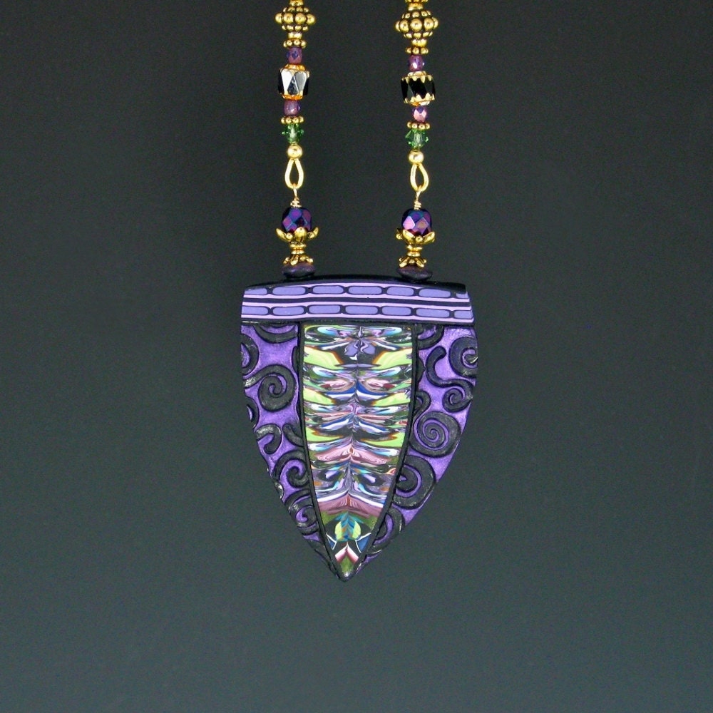 Polymer Clay Shield Pendant Necklace, Plum Purple, Spring Green, Black