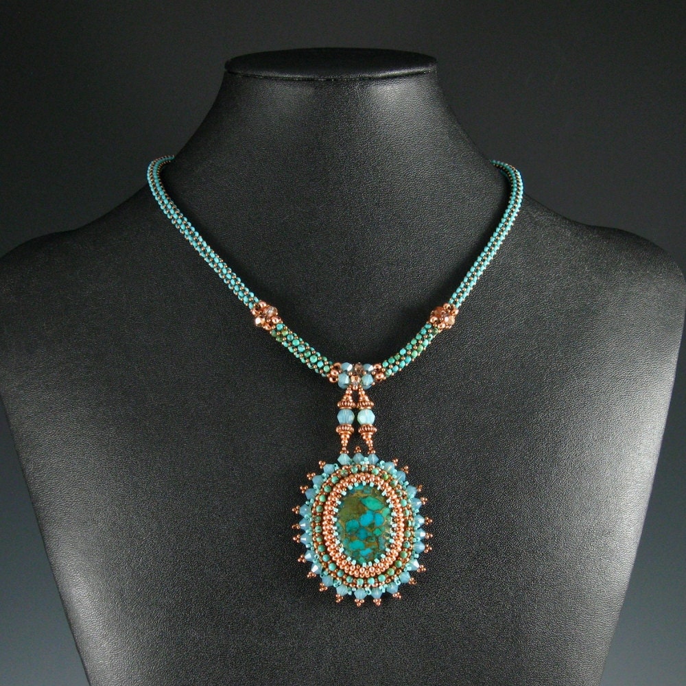 RESERVED Tidepool Pendant, Bead Embroidery Necklace, Turquoise, Copper