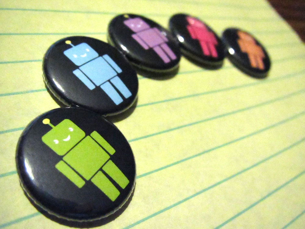 RoboKawaii - Set of 5 Robot Pins or Magnets