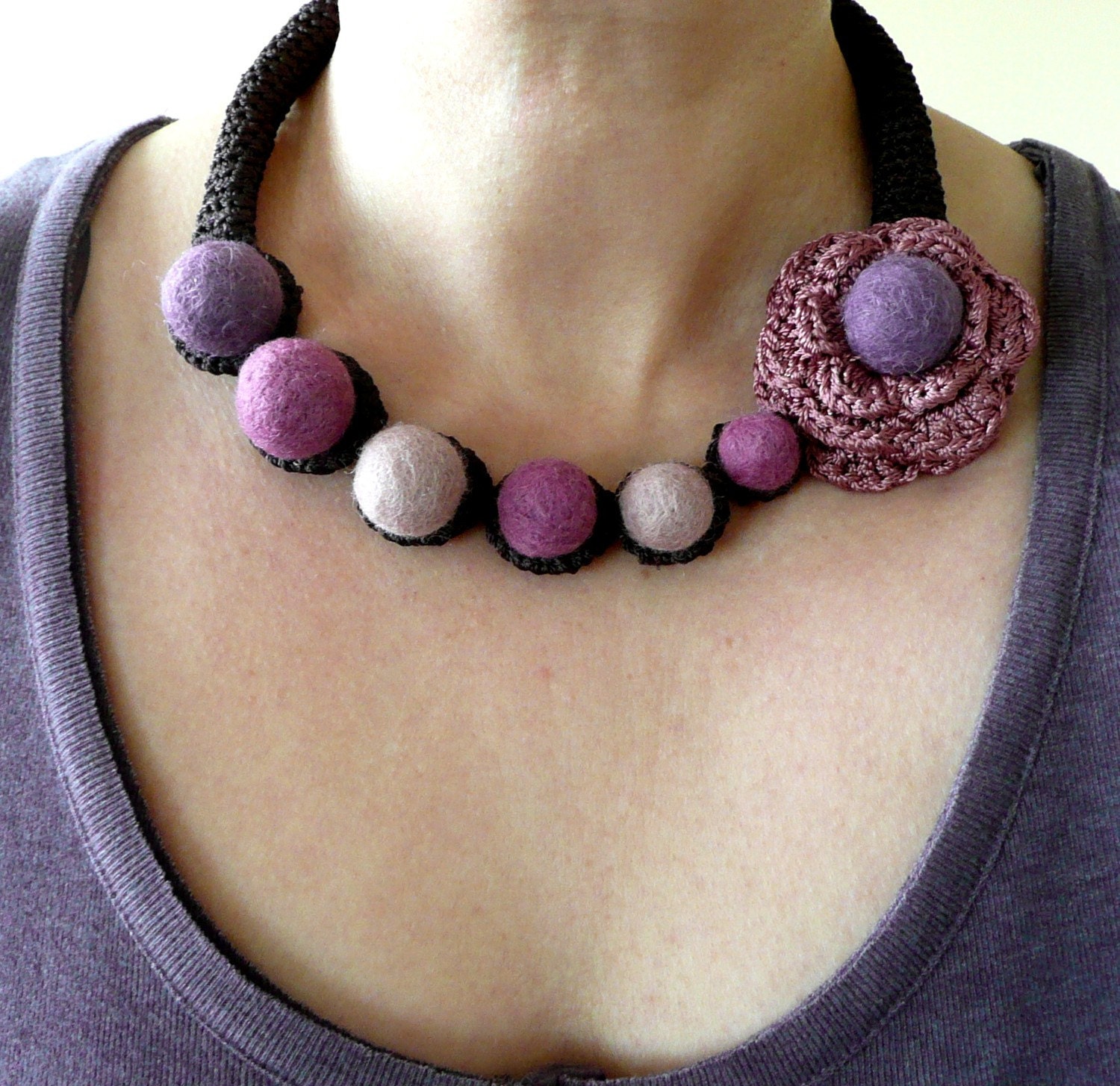 Purple pink brown necklace with flower - crochet and felted wool- handmade Birthday summer autumn custom color gift for her Mom Mum