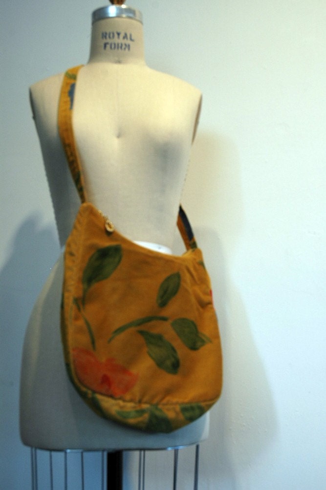 vintage 70s hobo handbag, mustard cotton velvet