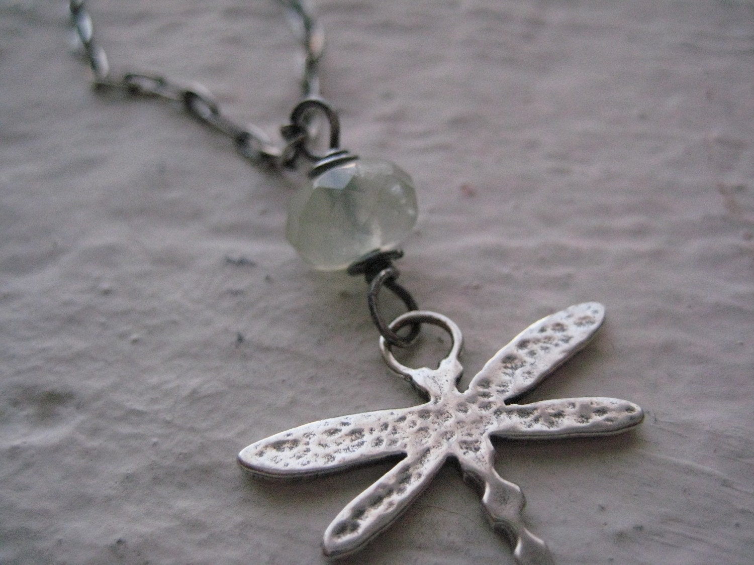 Titania Necklace- Sterling Silver Oxidized, Rustic Dragonfly Charm, Prehnite