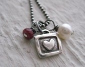 At Last Necklace- Sterling Silver Oxidized, Ruby, Freshwater Pearl, Rustic Heart Charm