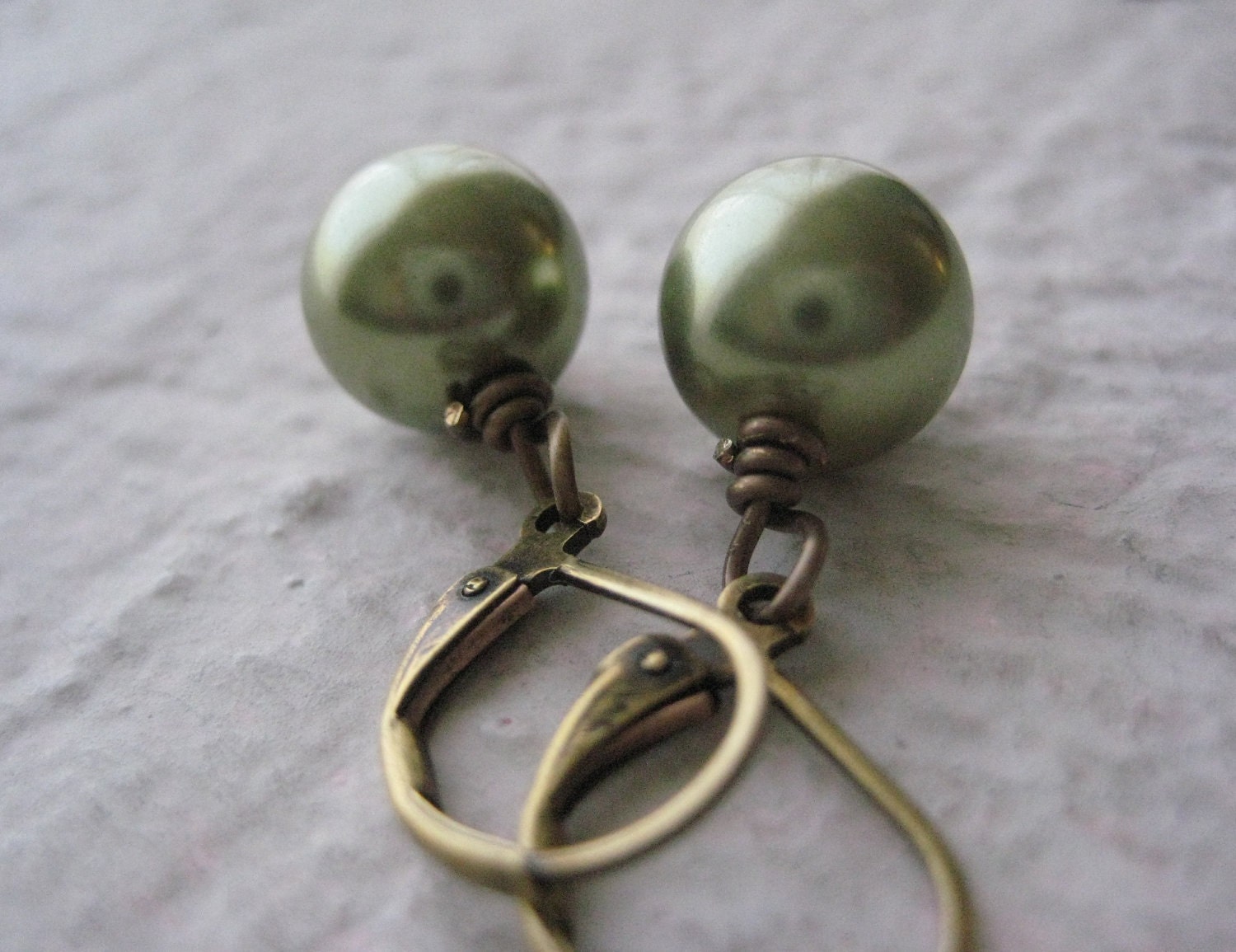 Green Pearls And Brass Earrings