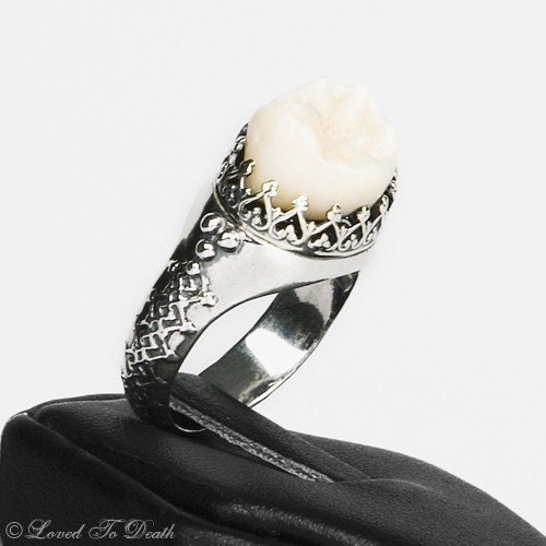 LOVED TO DEATH Gothic Victorian Memento Mori Human Tooth Ring Elaborate Band Sterling Size 7 or 8