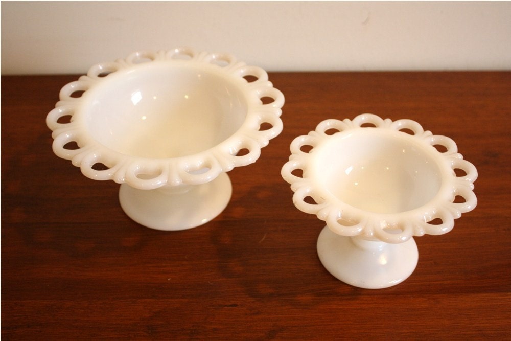 Pair of vintage milk glass candy dish, bowl